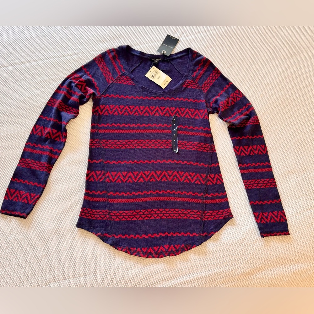 LUCKY BRAND Woven Navy & Red Fair Isle Knit Top Lightweight Thermal Tee - Picture 2 of 15